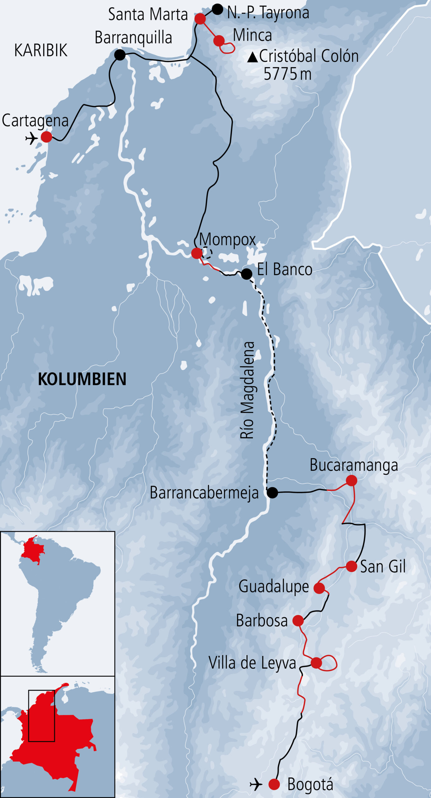 Karte Mountainbike Reise Kolumbien