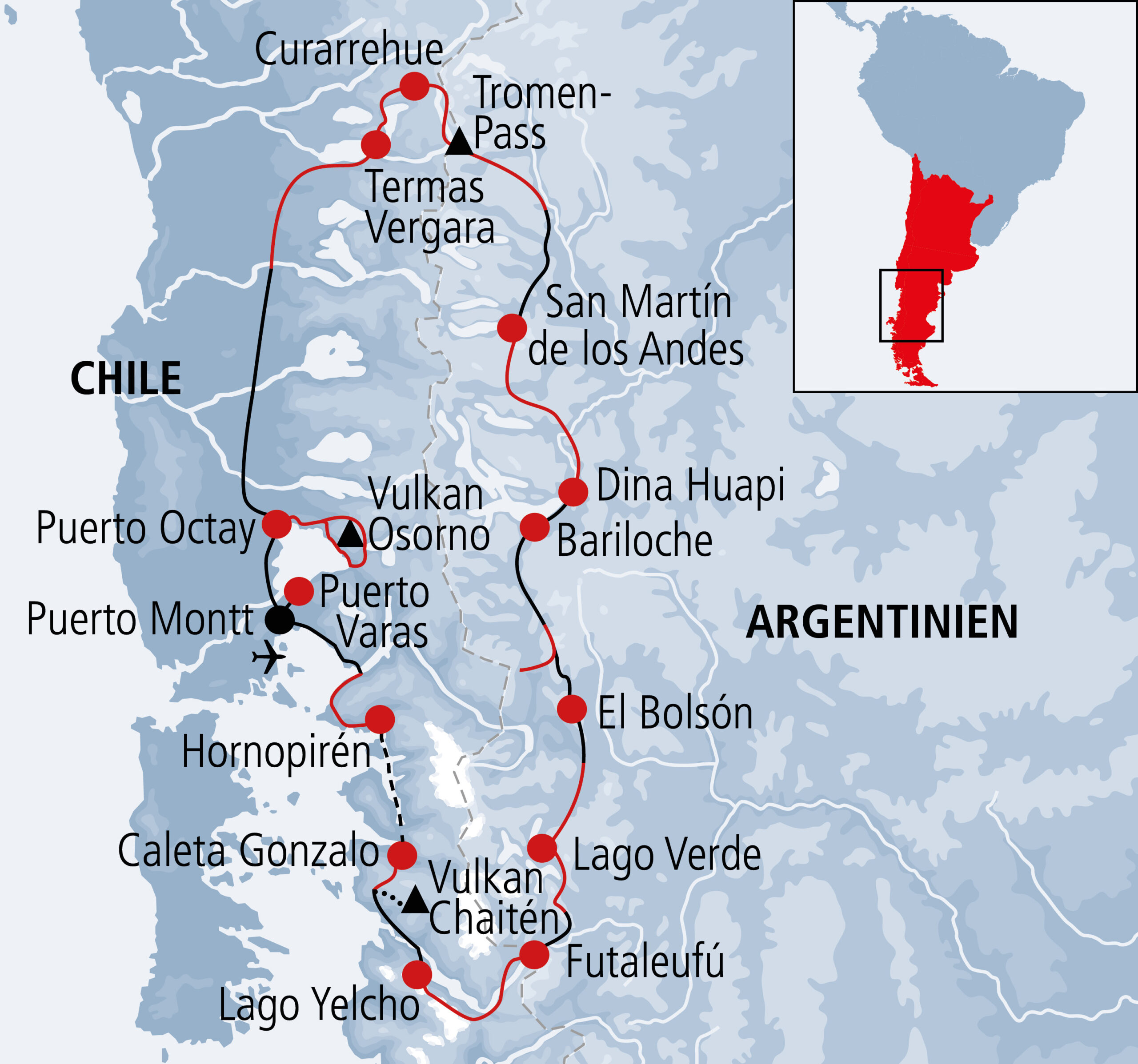 Karte Mountainbike Reise Chile und Argentinien
