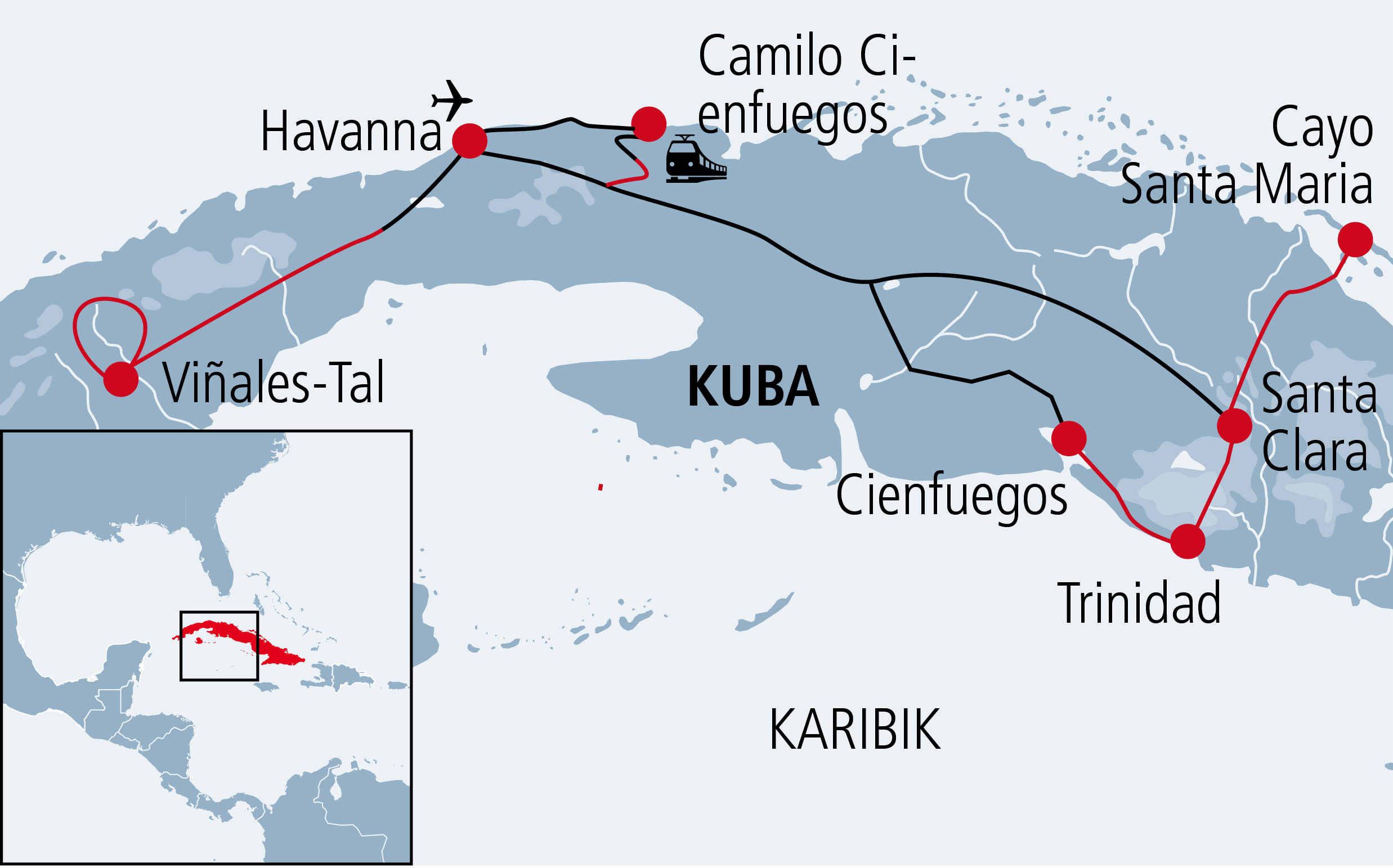 Karte Radreise und Veloferien in Kuba