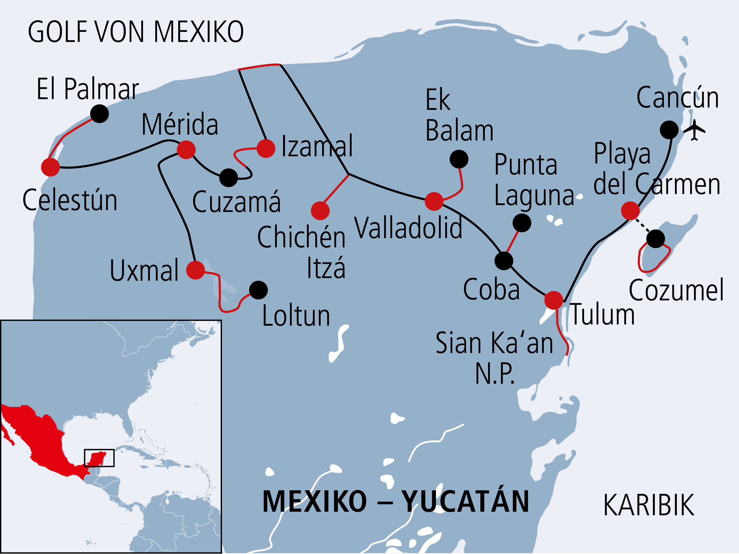 Karte Velo- und Bikereise in Yucatán Mexiko