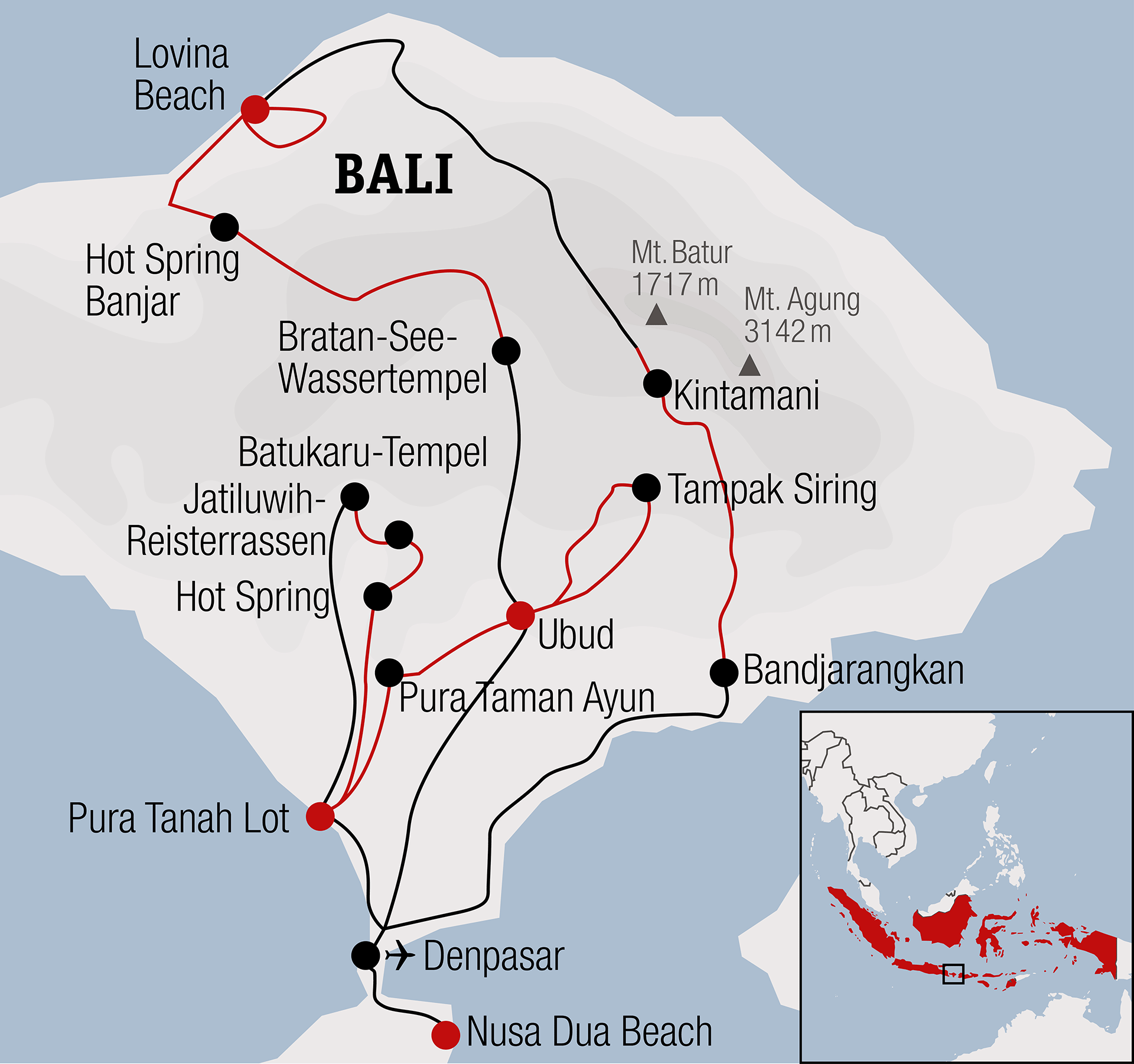 Bali, Indonesien - kurze Bikereise Karte