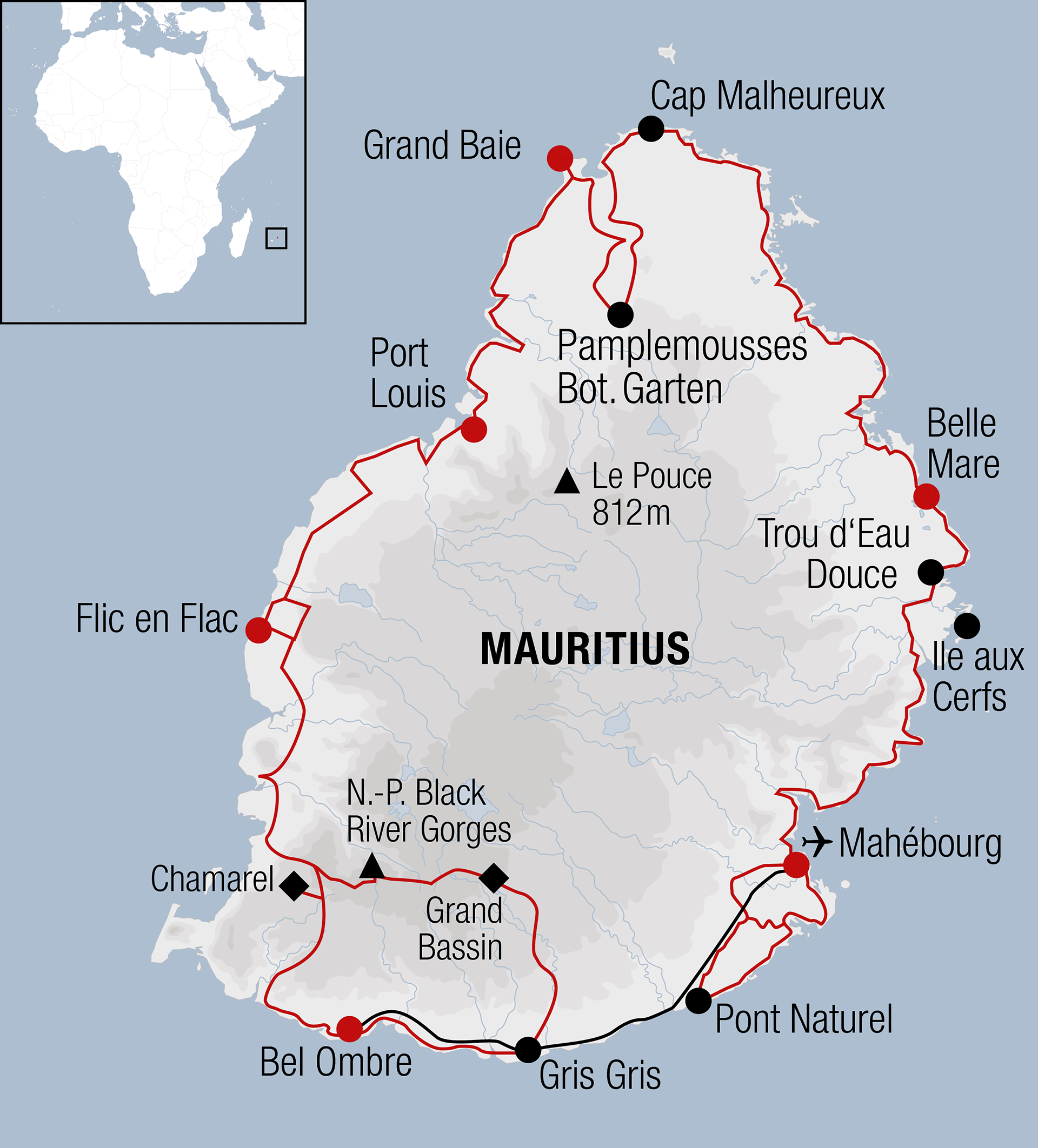 Karte zur Mauritius-Bikereise