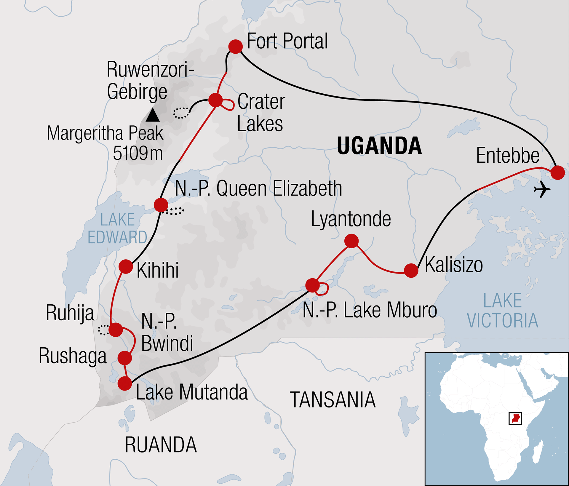 Karte zur Bikereise in Uganda, Afrika