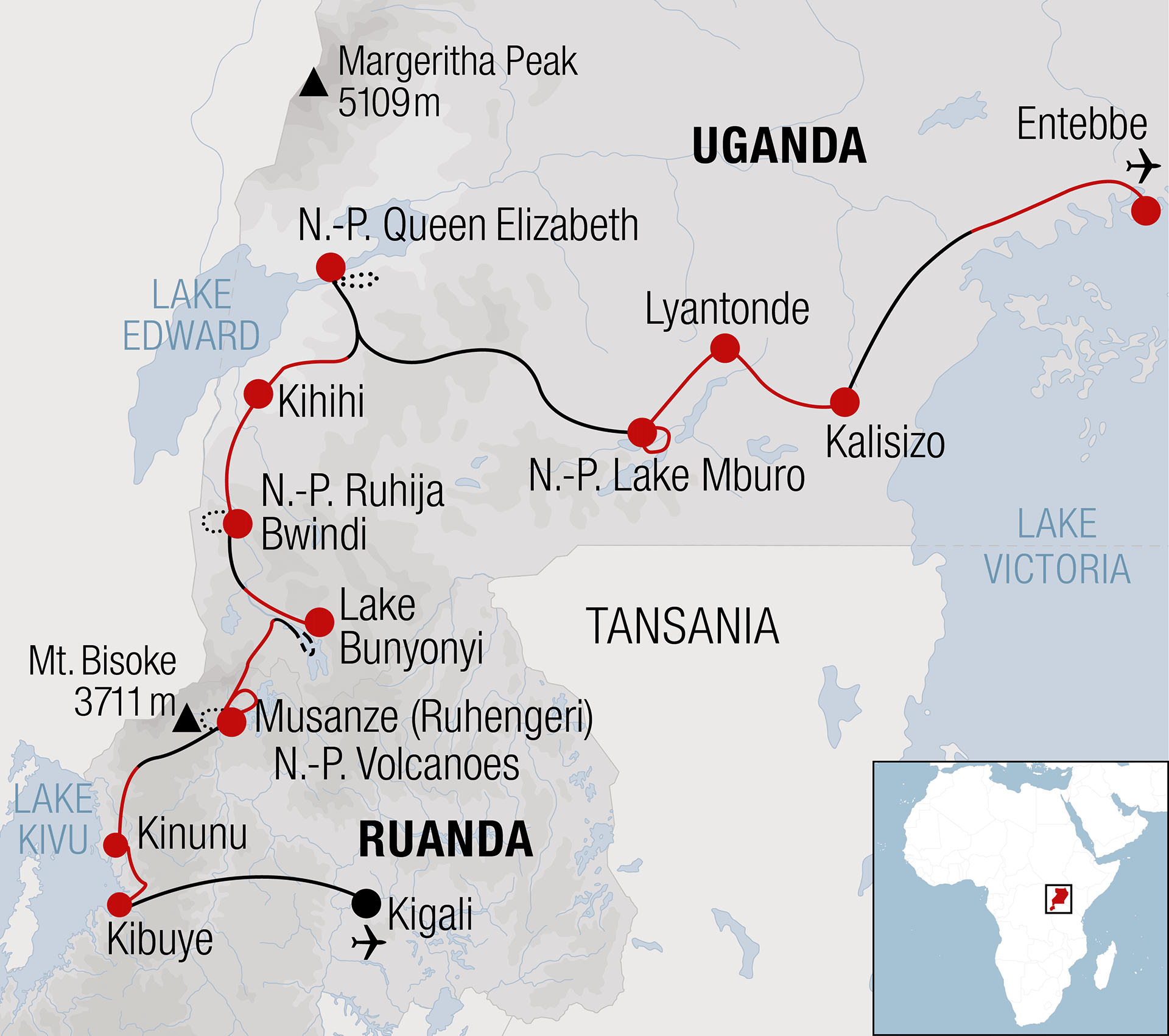 Karte zur Bikereise in Uganda und Ruanda, Afrika
